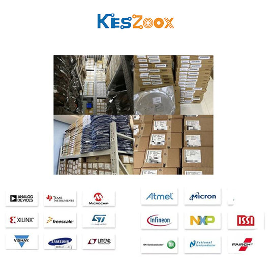 Keszoox warehouse stock and authorized brand partners — warehouse 4-panel IC chip shelving SMD tape reels connector tubes original brand cartons — 15 authorized semiconductor brands: Analog Devices TI Texas Instruments Microchip Atmel Micron Xilinx Freescale STMicroelectronics Infineon NXP ISSI Vishay Samsung Linear Technology ON Semiconductor National Semiconductor Fairchild — all brands in stock authorized supply chain
