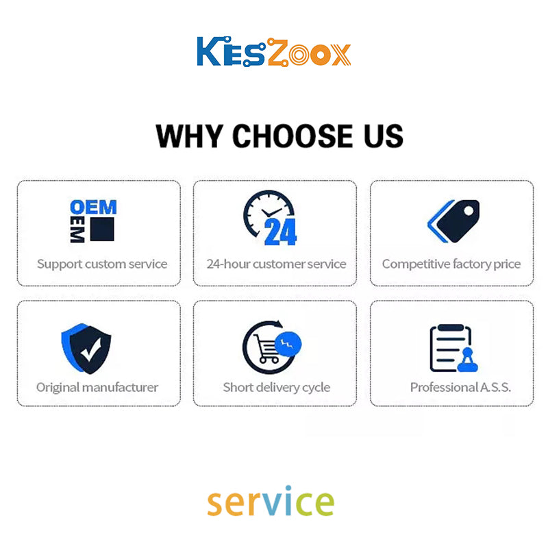 Keszoox why choose us 6 service advantages — OEM support custom service private label electronic components, 24-hour customer service round-the-clock procurement support, competitive factory price direct manufacturer no middleman markup, original manufacturer authentic components 100% genuine authorized supply chain, short delivery cycle same-day dispatch in-stock items, professional after-sales service dedicated account manager replacement guarantee — Keszoox authorized electronic component distributor glo