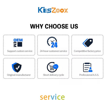 Keszoox why choose us 6 service advantages — OEM support custom service private label electronic components, 24-hour customer service round-the-clock procurement support, competitive factory price direct manufacturer no middleman markup, original manufacturer authentic components 100% genuine authorized supply chain, short delivery cycle same-day dispatch in-stock items, professional after-sales service dedicated account manager replacement guarantee — Keszoox authorized electronic component distributor glo