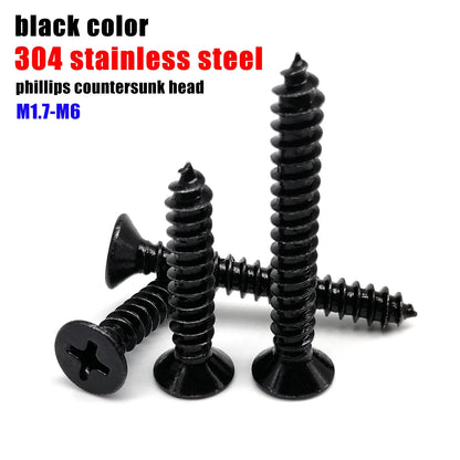 M1.7_M6_black_zinc_plated_304_A2_stainless_steel_cross_Phillips_flat_countersunk_head_self-tapping_wood_screw