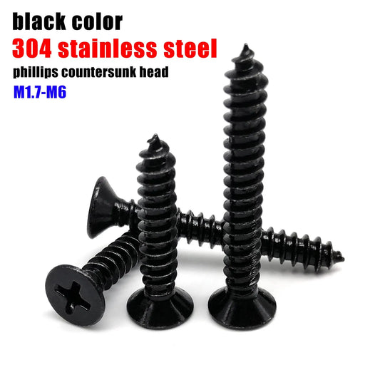 M1.7_M6_black_zinc_plated_304_A2_stainless_steel_cross_Phillips_flat_countersunk_head_self-tapping_wood_screw