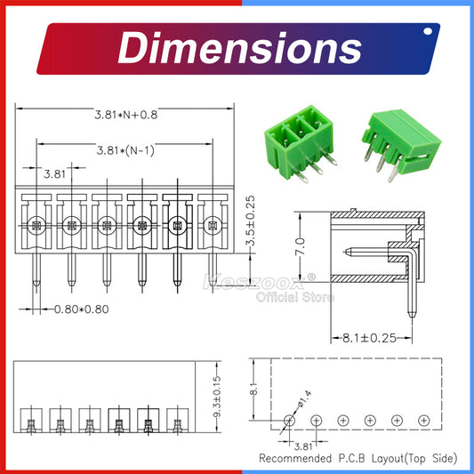 Technical drawing of the MC 1,5/…-G-3.81 right-angle pin header showing 3.81 mm pitch, bent pin layout, recommended PCB hole pattern, and mounting dimensions.