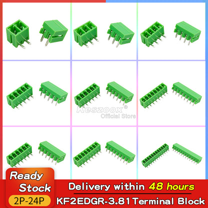Green MC 1,5/…-G-3.81 right-angle pin header for pluggable terminal blocks, 3.81 mm pitch, 2 to 24 positions, suitable for 28–16 AWG wires, through-hole mounting.