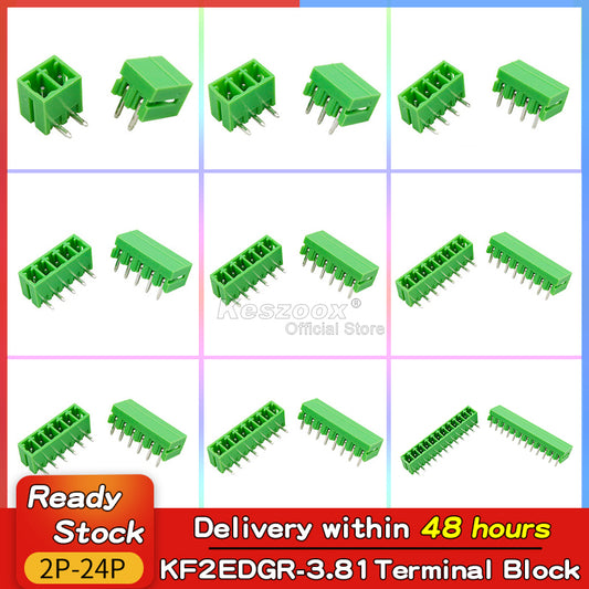 Green MC 1,5/…-G-3.81 right-angle pin header for pluggable terminal blocks, 3.81 mm pitch, 2 to 24 positions, suitable for 28–16 AWG wires, through-hole mounting.