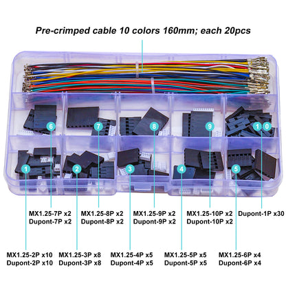 Close-up of MX1.25 male and Dupont 2.54 female connectors with precise crimped terminals