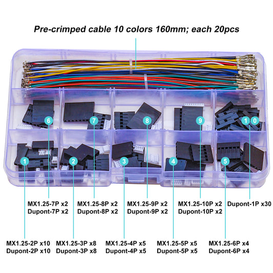Close-up of MX1.25 male and Dupont 2.54 female connectors with precise crimped terminals
