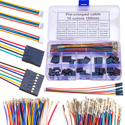 Full view of MX1.25 to Dupont 2.54 connector kit with 28AWG pre-crimped cables for DIY projects