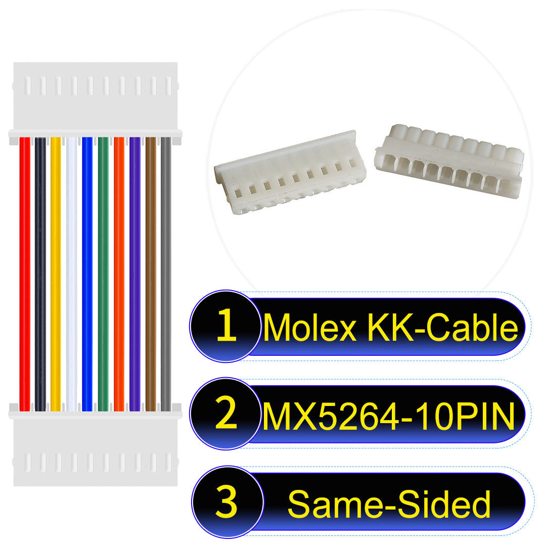 High-quality Molex KK 2.54mm MX5264 10Pin Same-Side-Head cable, 22AWG PVC material, ideal for LED power and electronics.