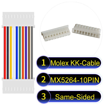 High-quality Molex KK 2.54mm MX5264 10Pin Same-Side-Head cable, 22AWG PVC material, ideal for LED power and electronics.