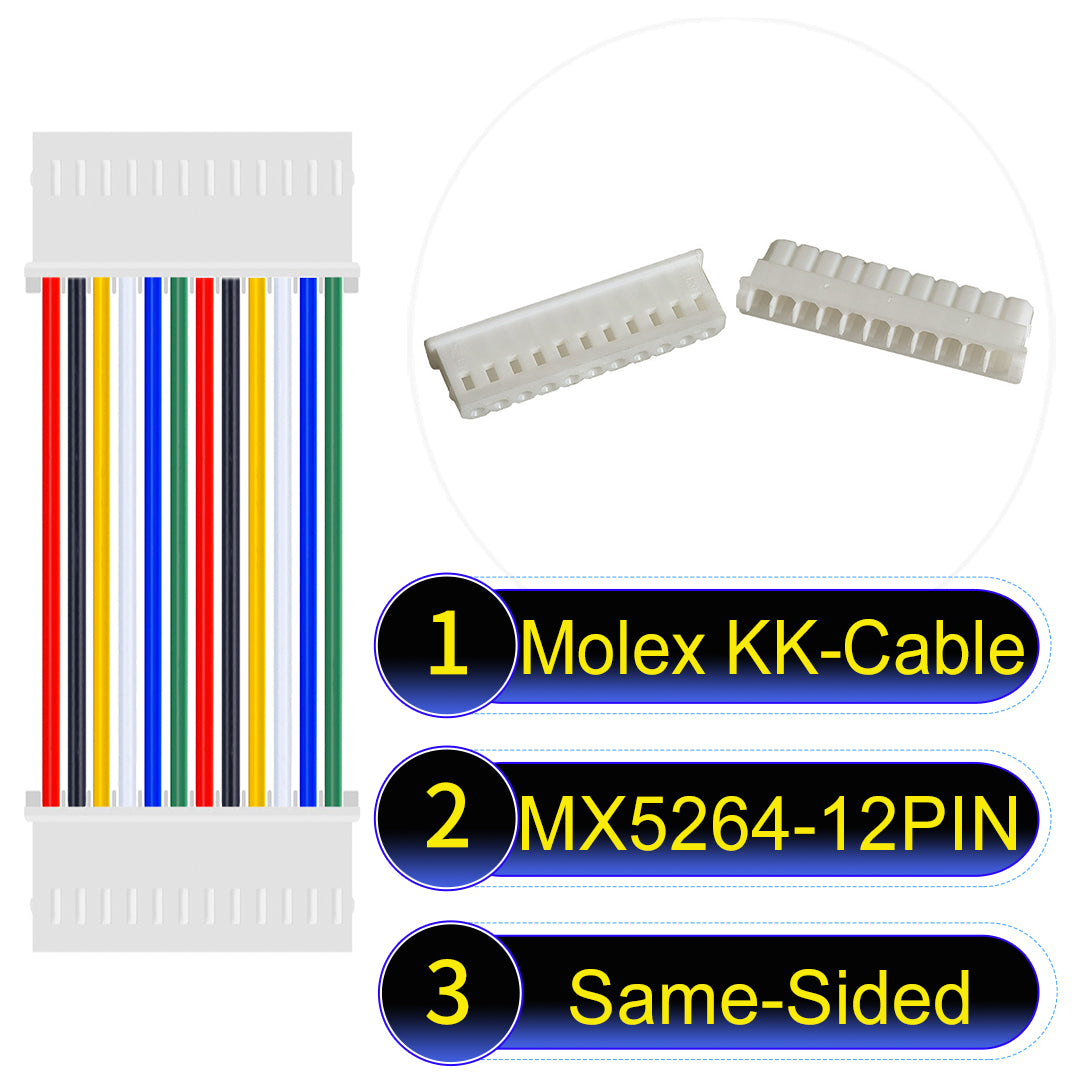 High-quality Molex KK 2.54mm MX5264 12Pin Same-Side-Head cable, 22AWG PVC material, ideal for LED power and electronics.