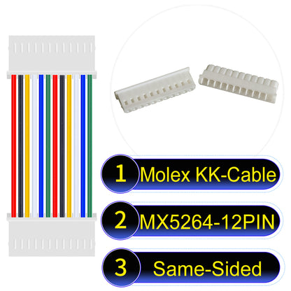 High-quality Molex KK 2.54mm MX5264 12Pin Same-Side-Head cable, 22AWG PVC material, ideal for LED power and electronics.