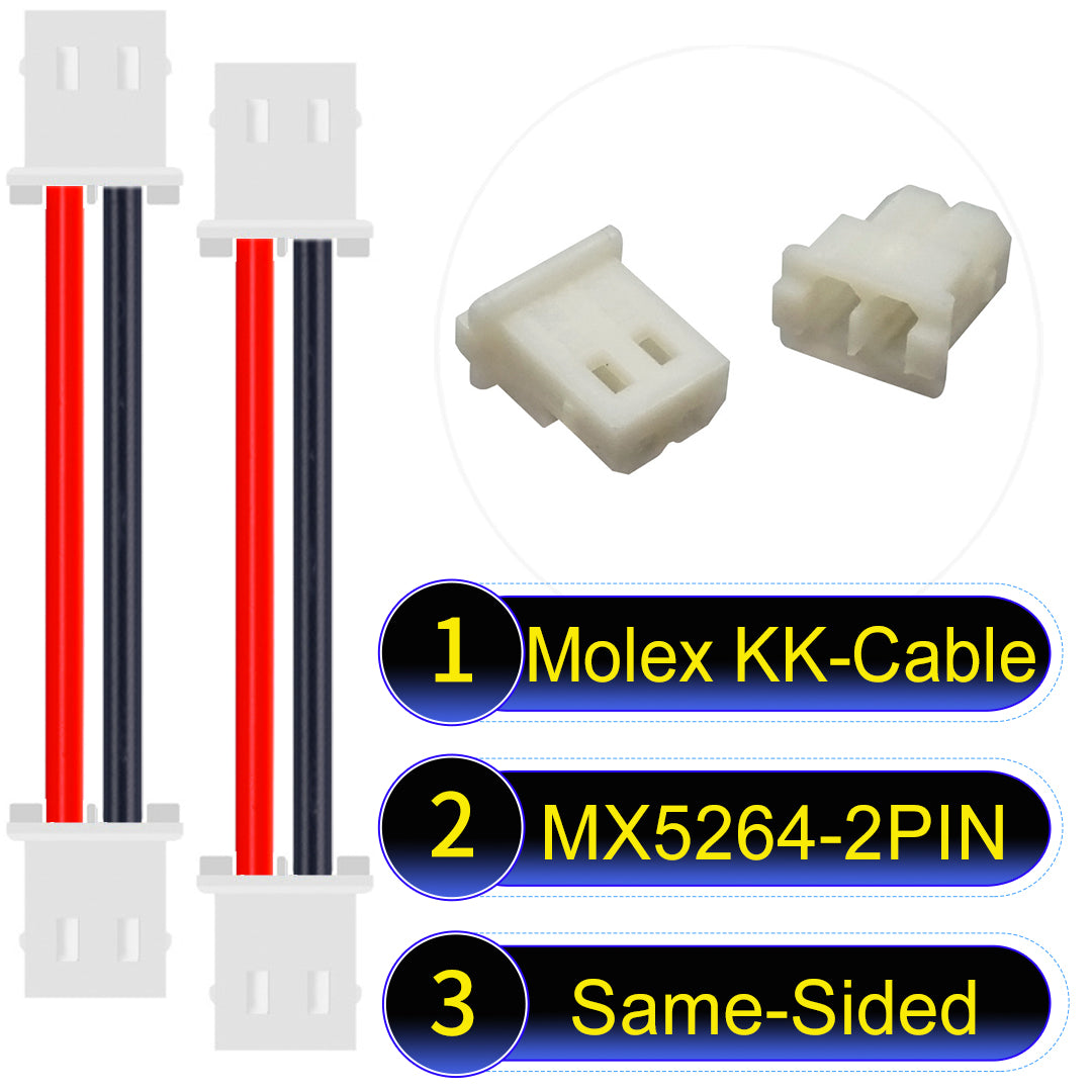 High-quality Molex KK 2.54mm MX5264 2Pin Same-Side-Head cable, 22AWG PVC material, ideal for LED power and electronics.