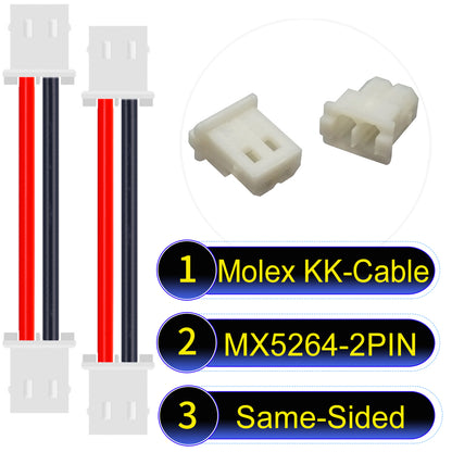 High-quality Molex KK 2.54mm MX5264 2Pin Same-Side-Head cable, 22AWG PVC material, ideal for LED power and electronics.