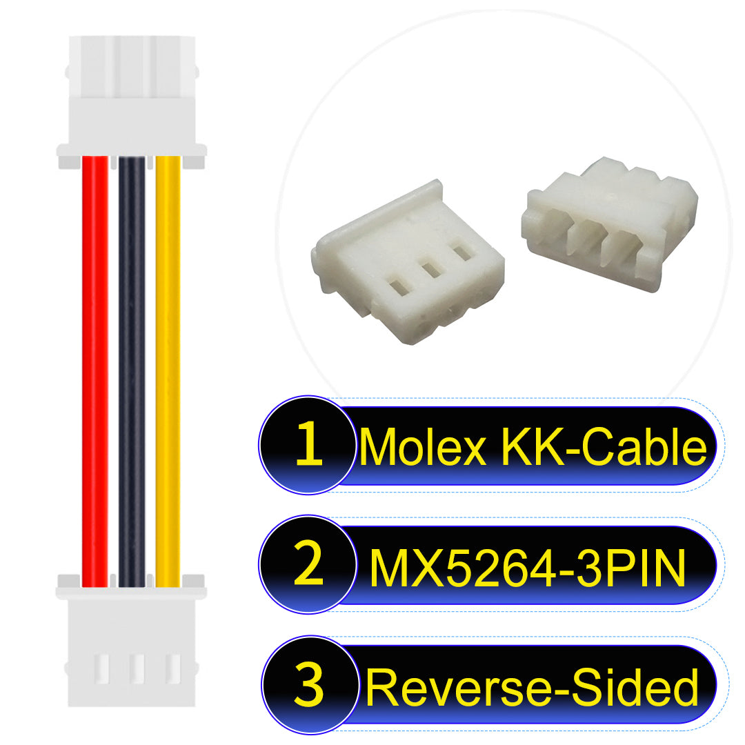 MX5264 3Pin Reverse-Side-Head cable, 22AWG UL1007-certified PVC, designed for durable and efficient electrical connections.