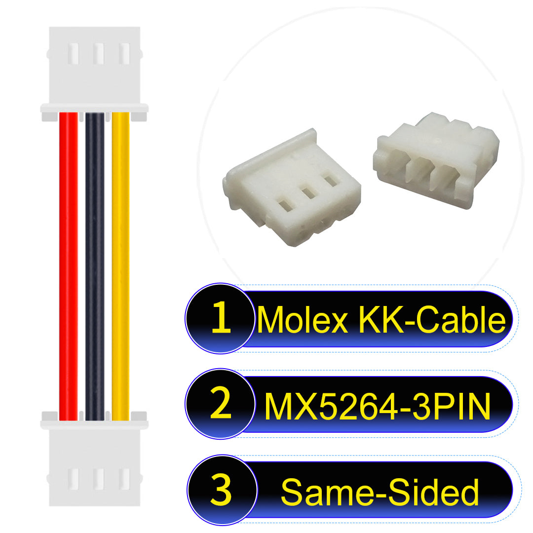 High-quality Molex KK 2.54mm MX5264 3Pin Same-Side-Head cable, 22AWG PVC material, ideal for LED power and electronics.