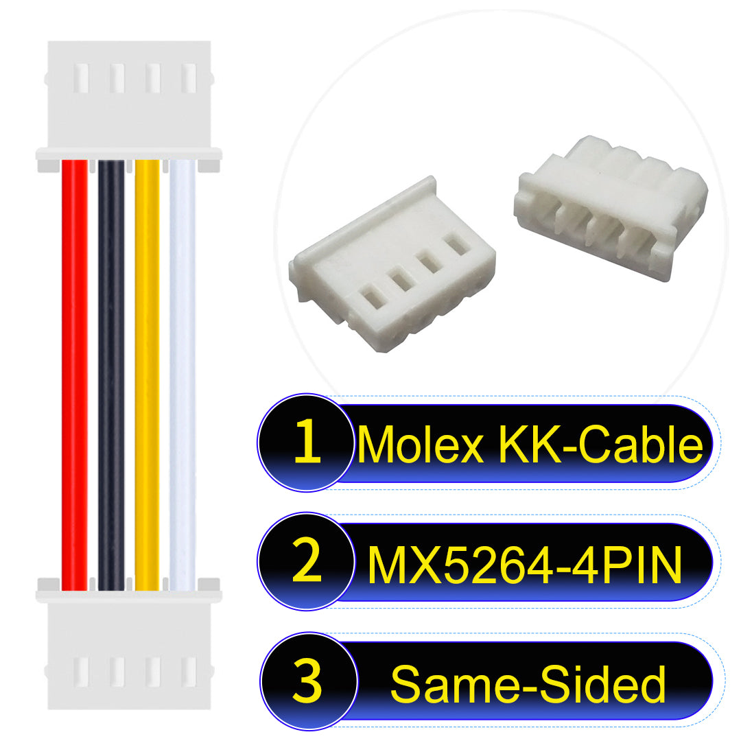 High-quality Molex KK 2.54mm MX5264 4Pin Same-Side-Head cable, 22AWG PVC material, ideal for LED power and electronics.