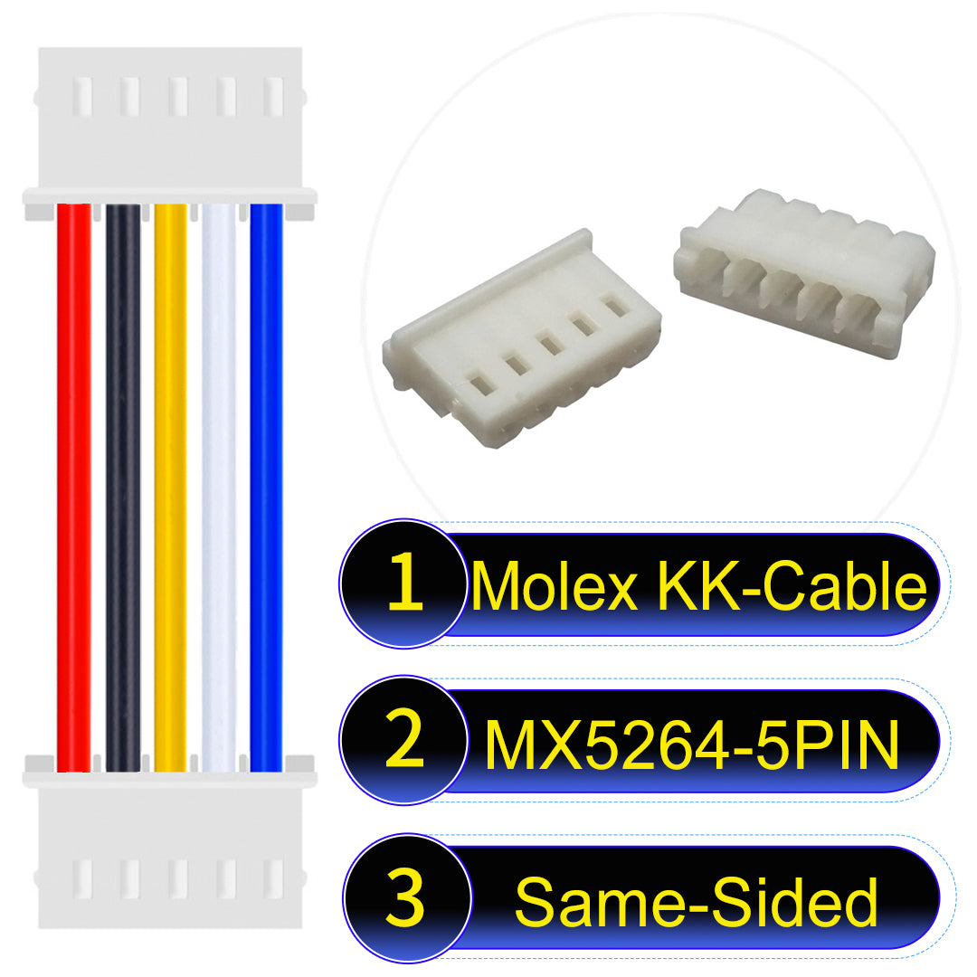 High-quality Molex KK 2.54mm MX5264 5Pin Same-Side-Head cable, 22AWG PVC material, ideal for LED power and electronics.