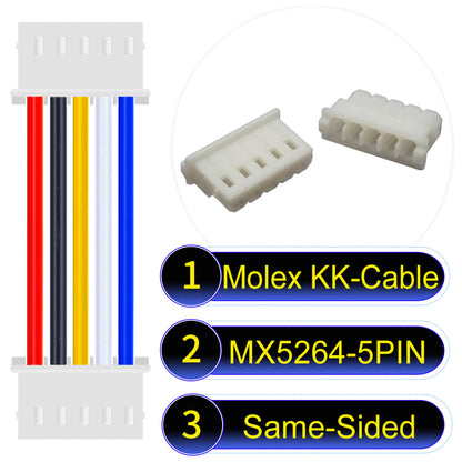 High-quality Molex KK 2.54mm MX5264 5Pin Same-Side-Head cable, 22AWG PVC material, ideal for LED power and electronics.