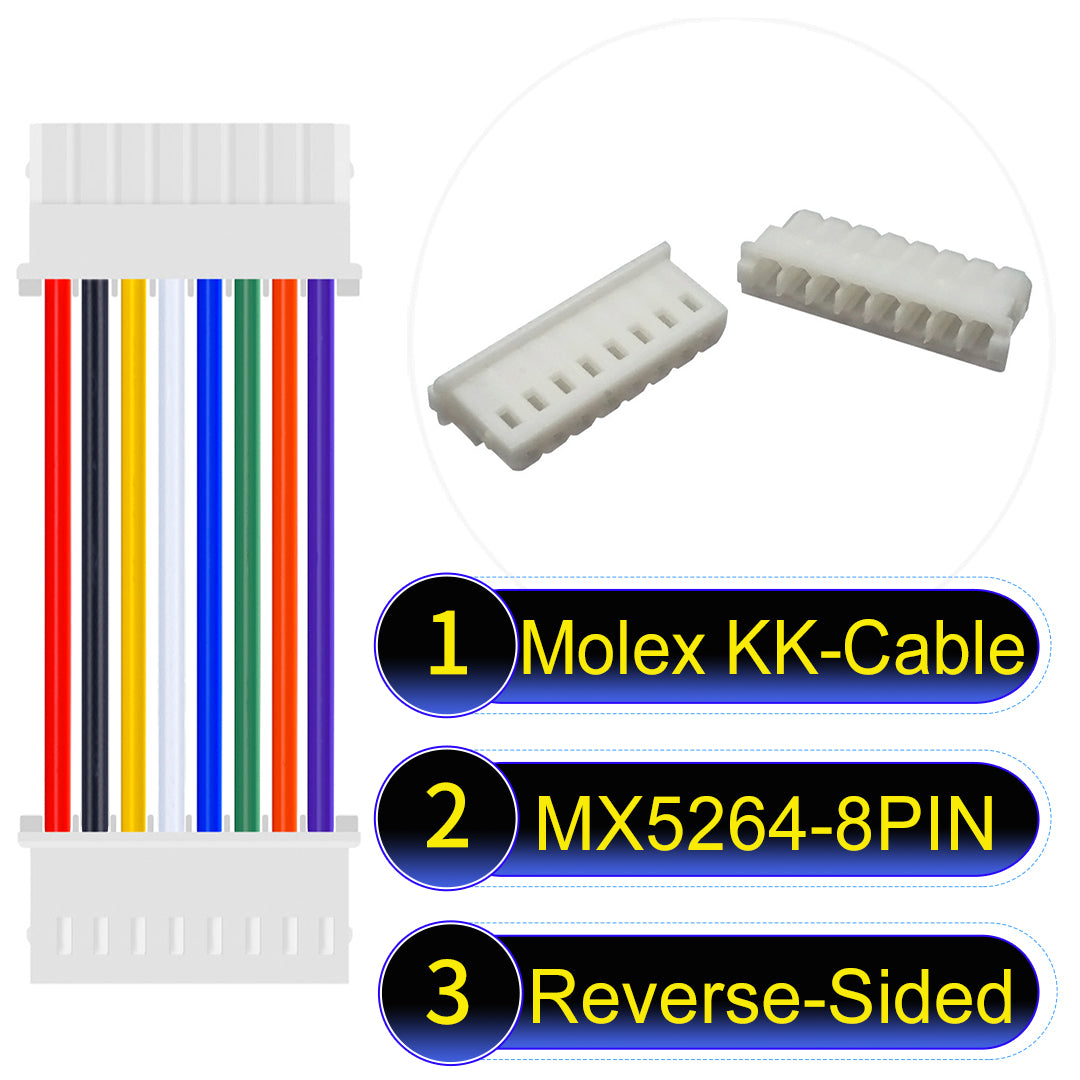 MX5264 8Pin Reverse-Side-Head cable, 22AWG UL1007-certified PVC, designed for durable and efficient electrical connections.