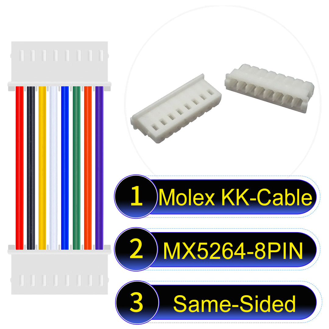 High-quality Molex KK 2.54mm MX5264 8Pin Same-Side-Head cable, 22AWG PVC material, ideal for LED power and electronics.
