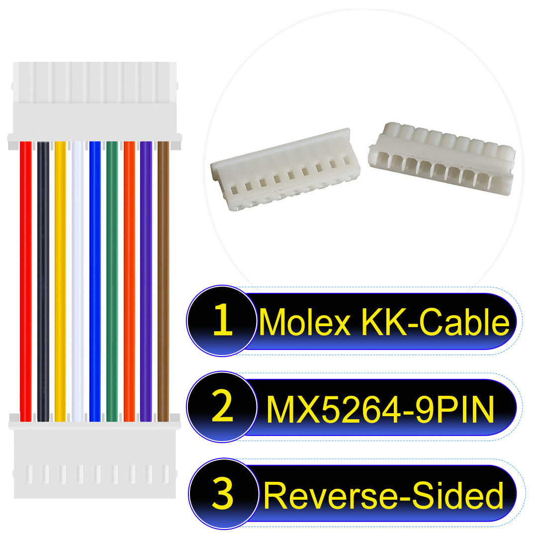 MX5264 9Pin Reverse-Side-Head cable, 22AWG UL1007-certified PVC, designed for durable and efficient electrical connections.