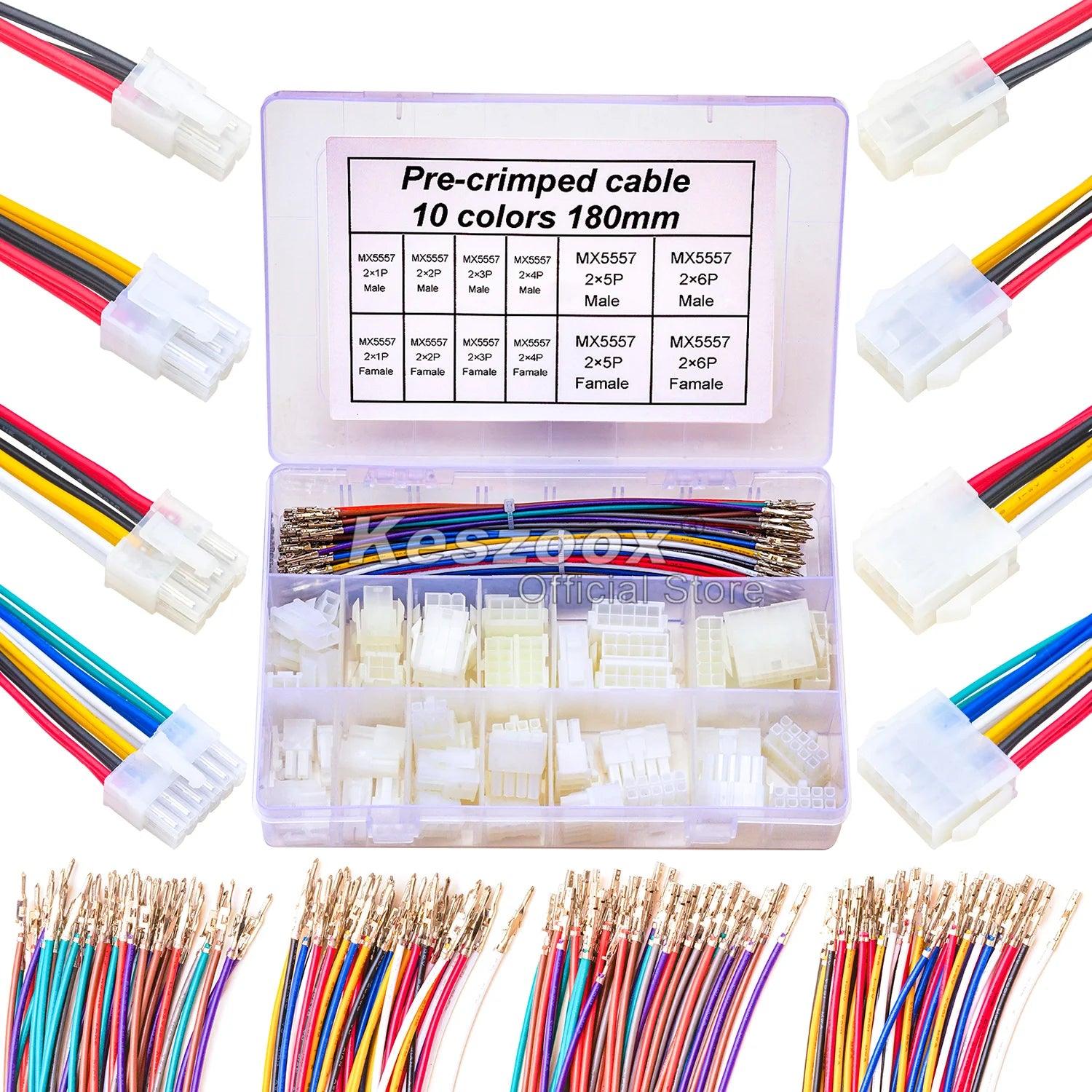 Display of all components included in Molex male/female connector kit