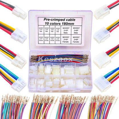 Display of all components included in Molex male/female connector kit