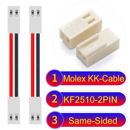 Molex KK-Cable KF2510 2Pin Same-Side-Head 2.5mm UL1007 PVC Cable with 22AWG wire gauge.