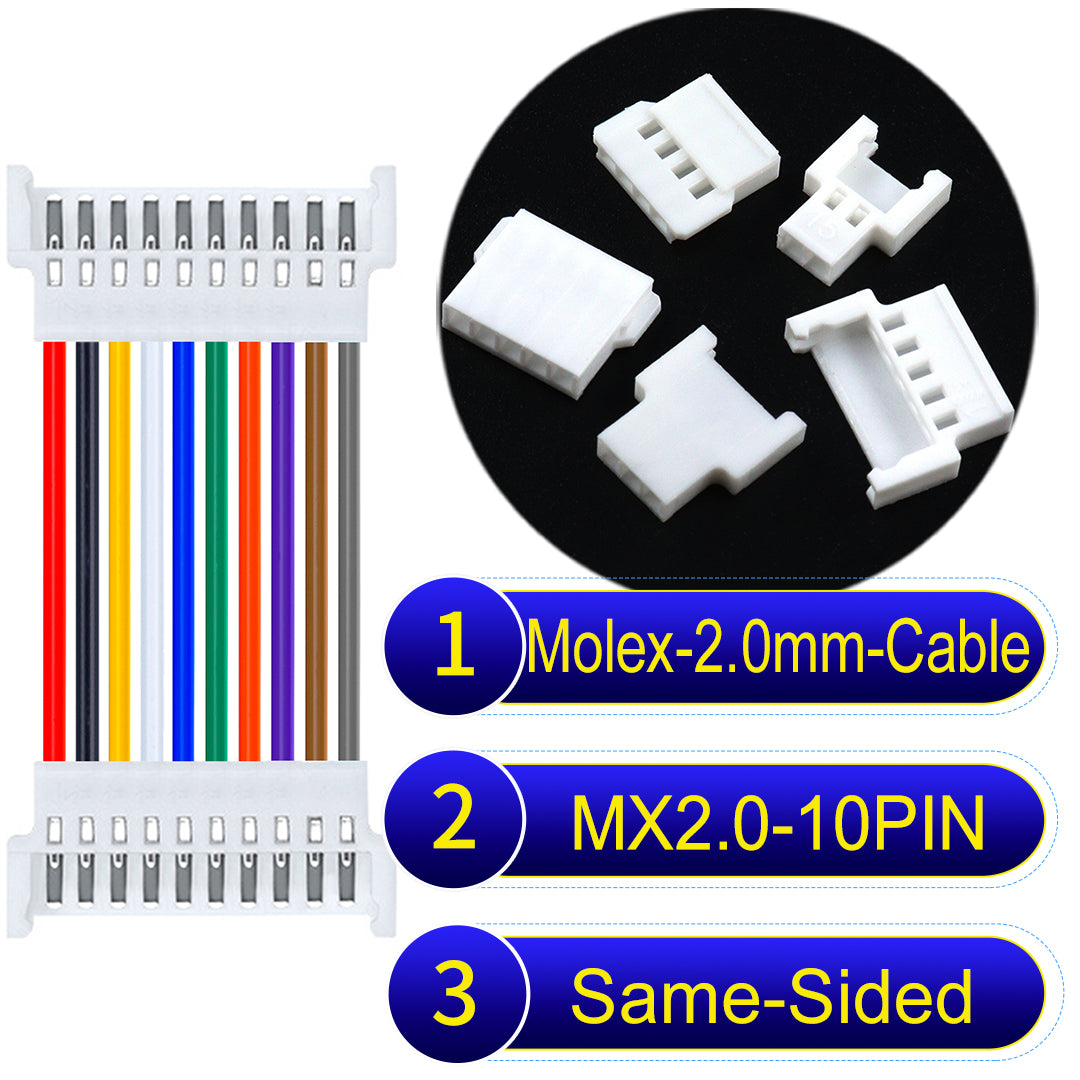 Molex 2.0mm 10Pin Female Same-Side-Head cable, 22AWG UL1007 PVC, durable and compatible with various applications.