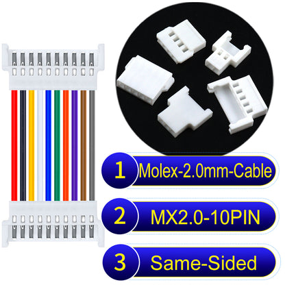 Molex 2.0mm 10Pin Female Same-Side-Head cable, 22AWG UL1007 PVC, durable and compatible with various applications.