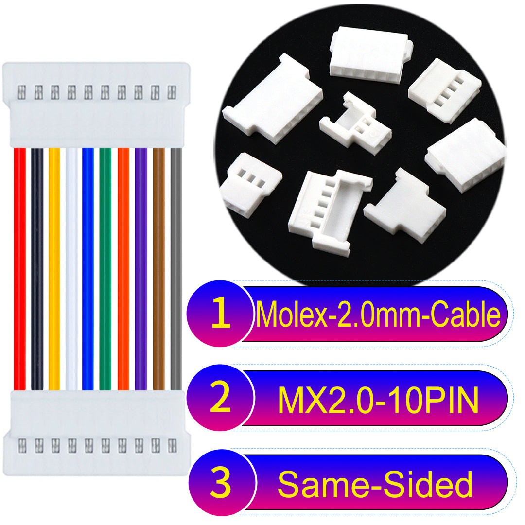 Molex 2.0mm 10Pin male Same-Side-Head cable, 22AWG UL1007 PVC, durable and compatible with various applications.