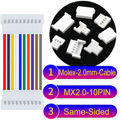Molex 2.0mm 10Pin male Same-Side-Head cable, 22AWG UL1007 PVC, durable and compatible with various applications.