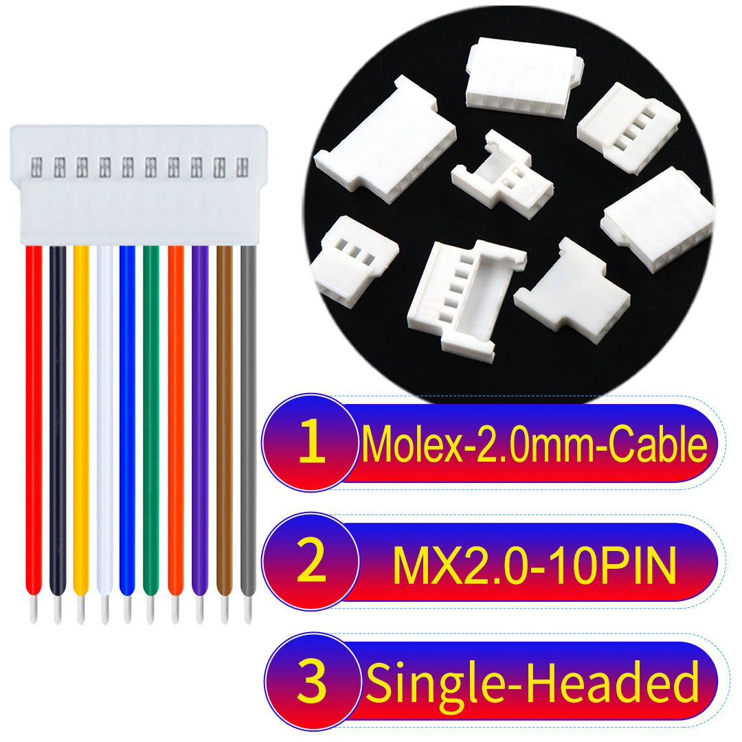 Molex 2.0mm 10Pin single-headed cable, 22AWG UL1007 PVC, durable and compatible with various applications.