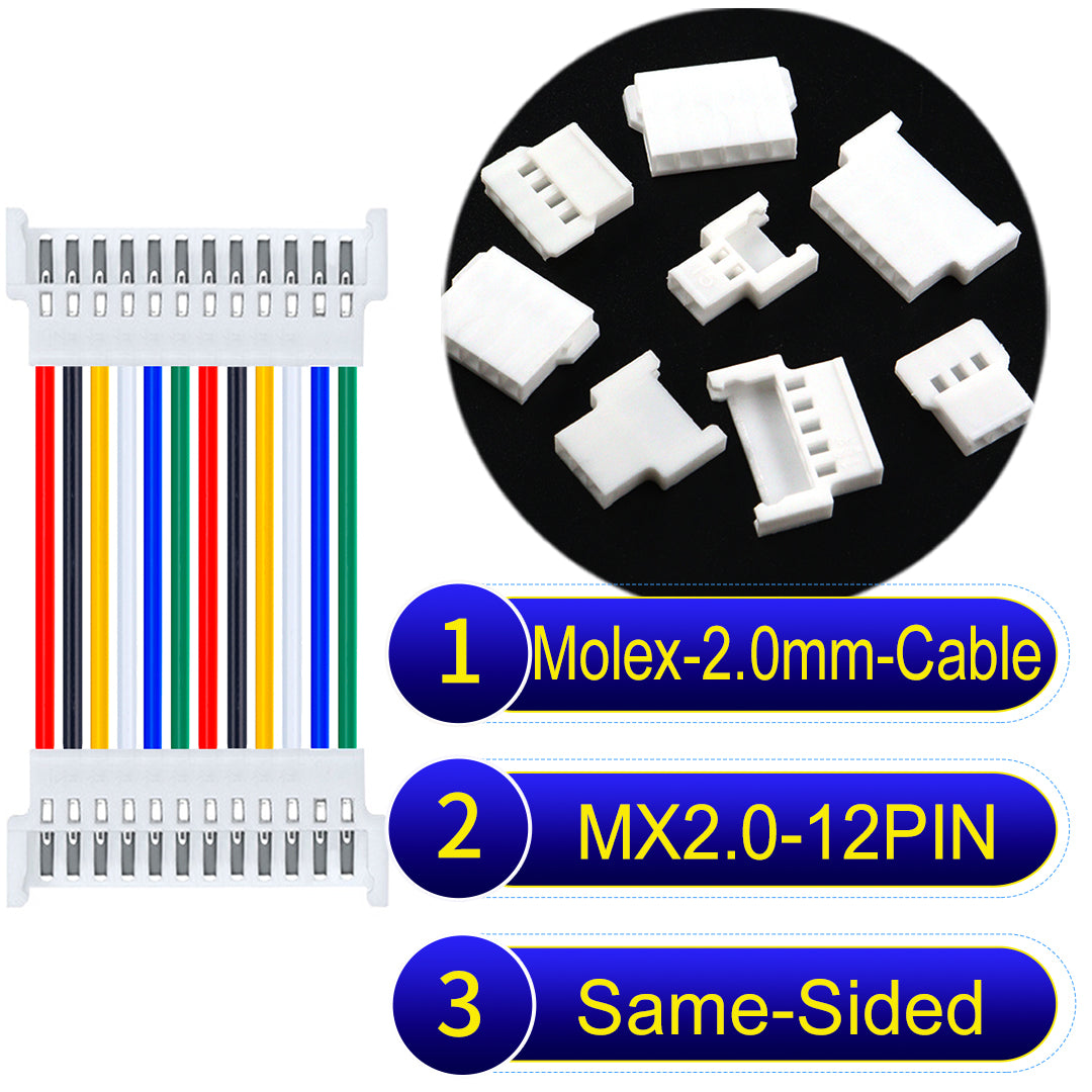 Molex 2.0mm 12Pin Female Same-Side-Head cable, 22AWG UL1007 PVC, durable and compatible with various applications.