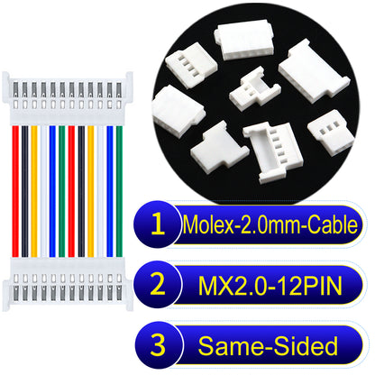 Molex 2.0mm 12Pin Female Same-Side-Head cable, 22AWG UL1007 PVC, durable and compatible with various applications.