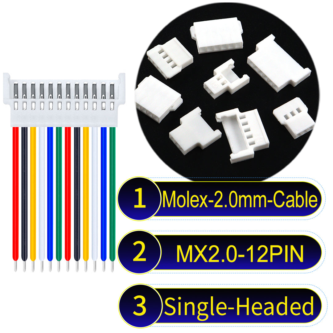 Molex 2.0mm 12Pin Female single-headed cable, 22AWG UL1007 PVC, durable and compatible with various applications.