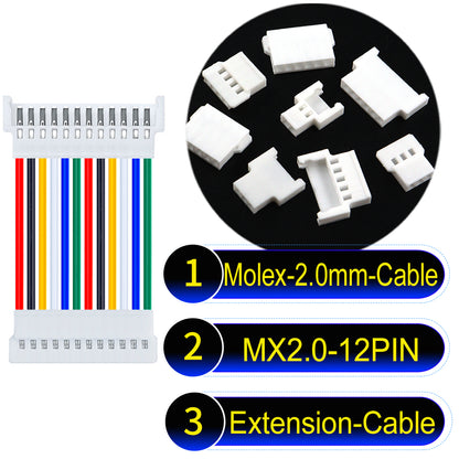 Molex 2.0mm 12Pin maleMale Female Extension Cable, 22AWG UL1007 PVC, durable and compatible with various applications.