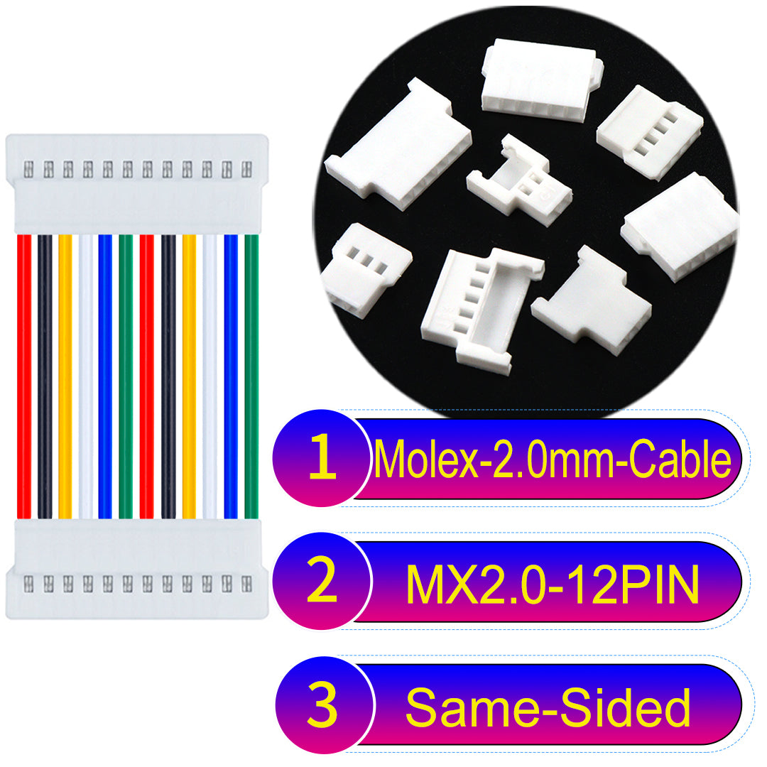 Molex 2.0mm 12Pin male Same-Side-Head cable, 22AWG UL1007 PVC, durable and compatible with various applications.