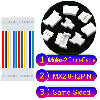 Molex 2.0mm 12Pin male Same-Side-Head cable, 22AWG UL1007 PVC, durable and compatible with various applications.