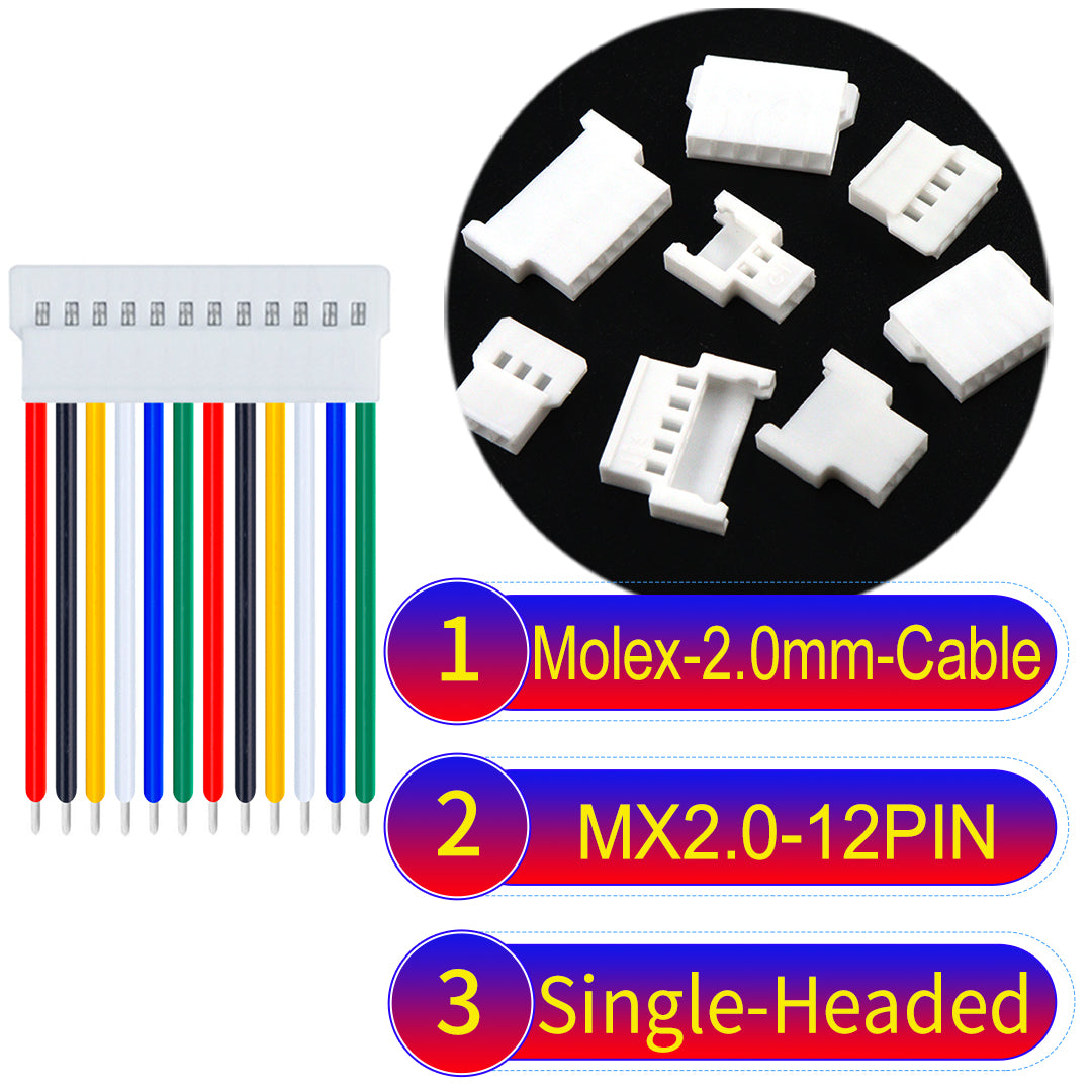 Molex 2.0mm 12Pin single-headed cable, 22AWG UL1007 PVC, durable and compatible with various applications.