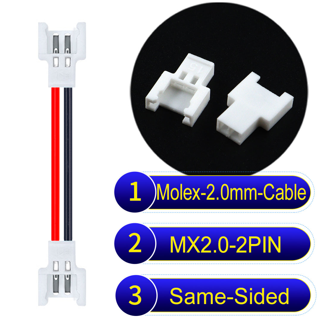 Molex 2.0mm 2Pin Female Same-Side-Head cable, 22AWG UL1007 PVC, durable and compatible with various applications.