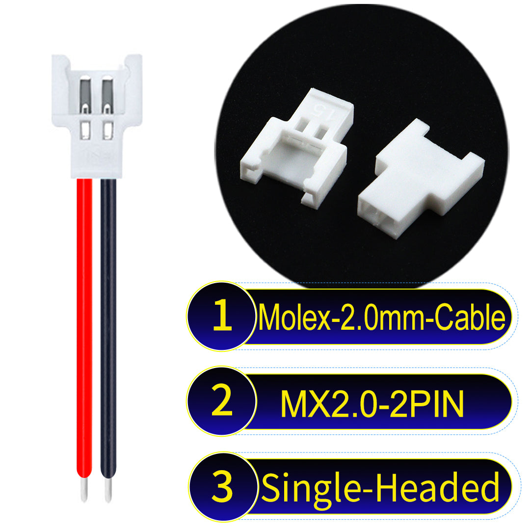 Molex 2.0mm 2Pin Female single-headed cable, 22AWG UL1007 PVC, durable and compatible with various applications.