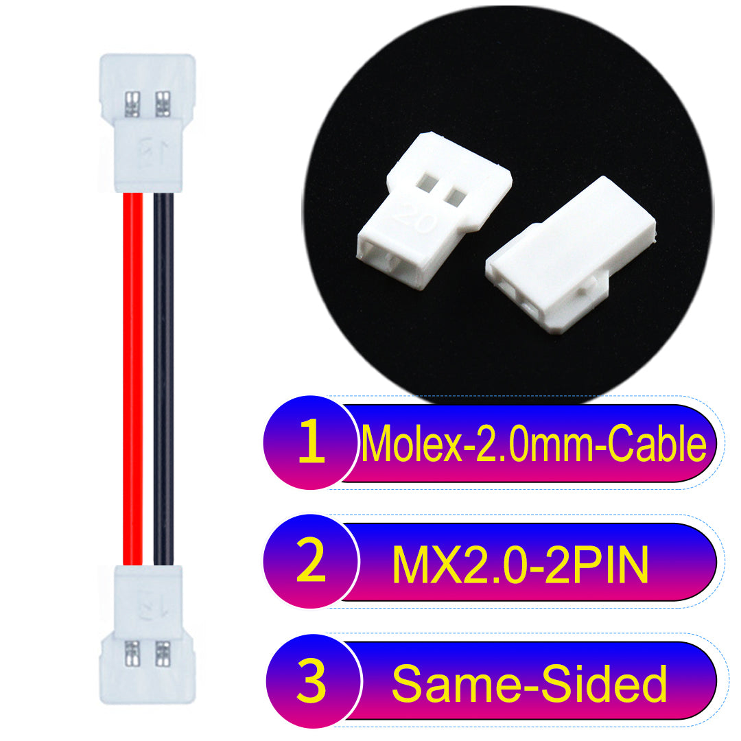Molex 2.0mm 2Pin male Same-Side-Head cable, 22AWG UL1007 PVC, durable and compatible with various applications.