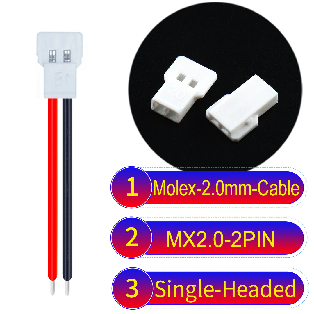 Molex 2.0mm 2Pin single-headed cable, 22AWG UL1007 PVC, durable and compatible with various applications.