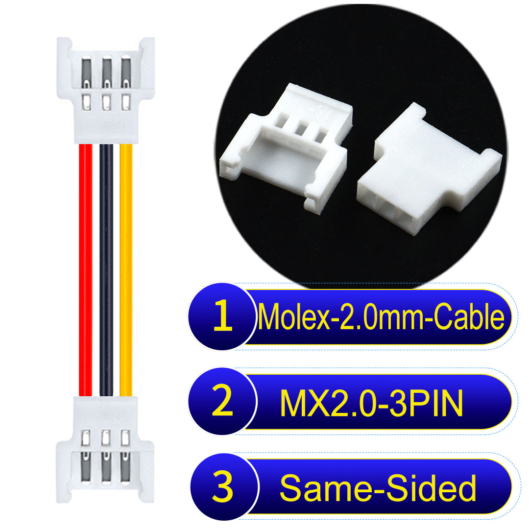 Molex 2.0mm 3Pin Female Same-Side-Head cable, 22AWG UL1007 PVC, durable and compatible with various applications.