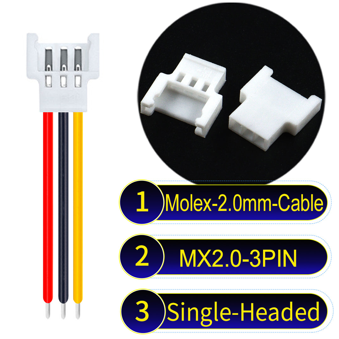 Molex 2.0mm 3Pin Female single-headed cable, 22AWG UL1007 PVC, durable and compatible with various applications.