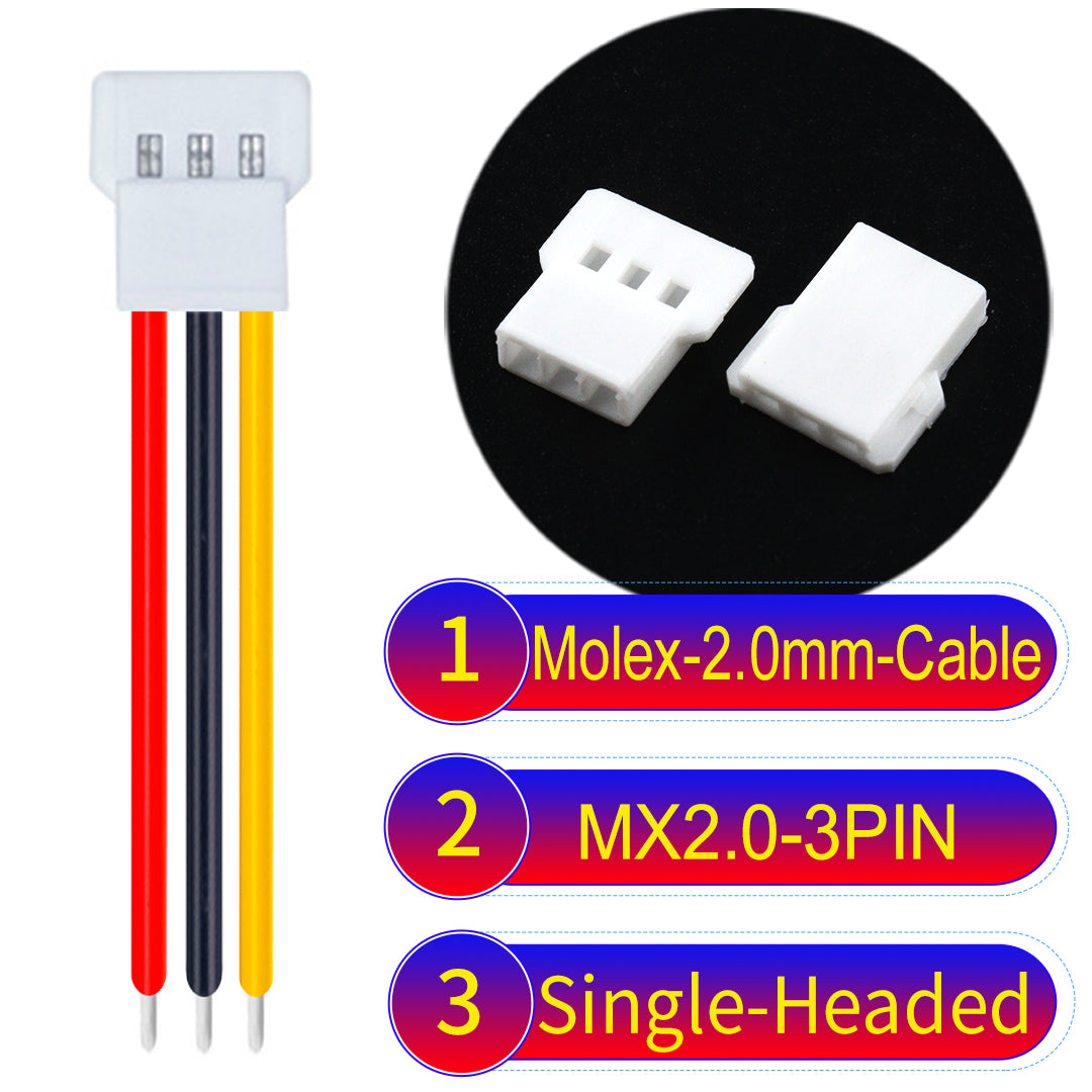 Molex 2.0mm 3Pin single-headed cable, 22AWG UL1007 PVC, durable and compatible with various applications.