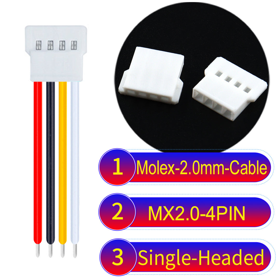 Molex 2.0mm 4Pin single-headed cable, 22AWG UL1007 PVC, durable and compatible with various applications.