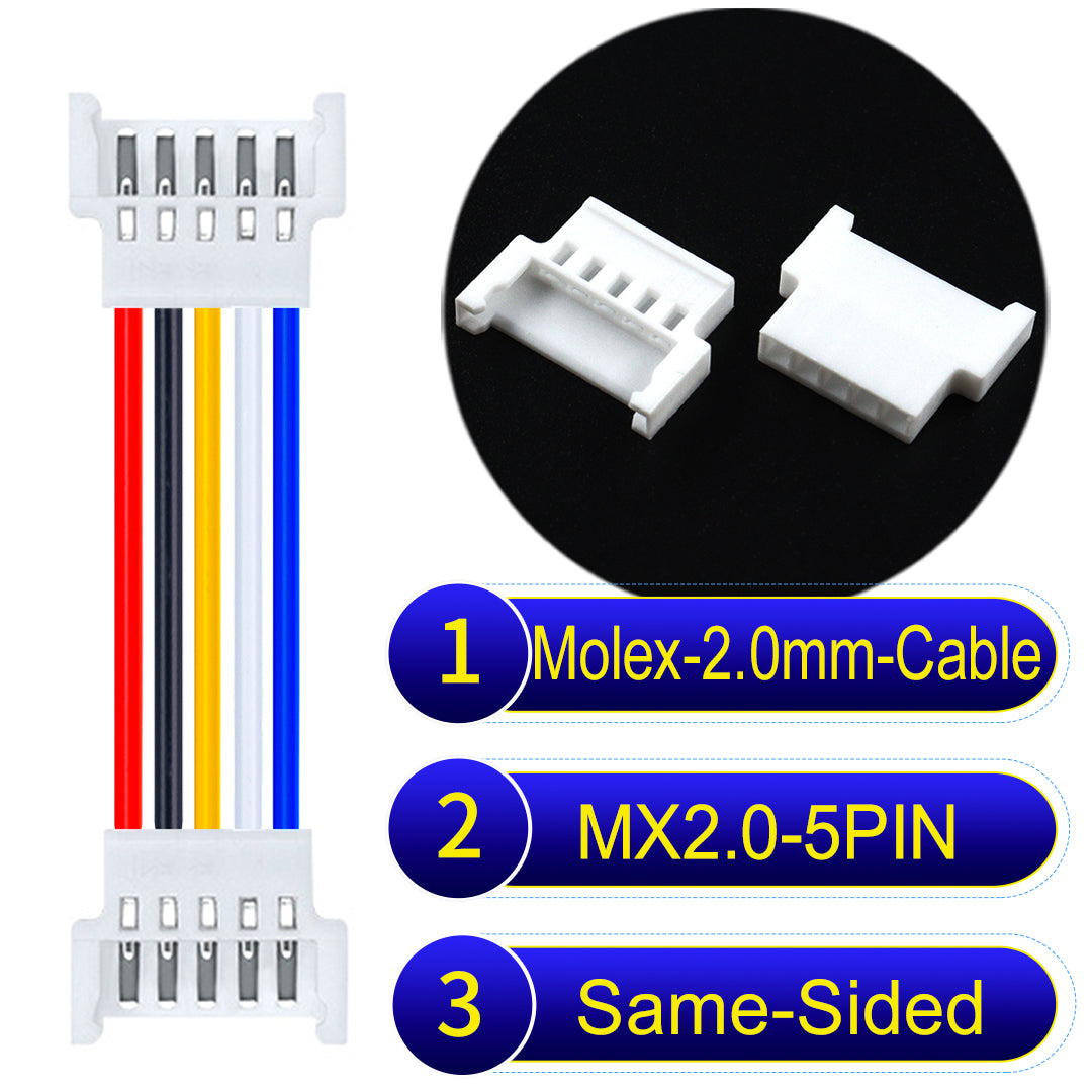 Molex 2.0mm 5Pin Female Same-Side-Head cable, 22AWG UL1007 PVC, durable and compatible with various applications.