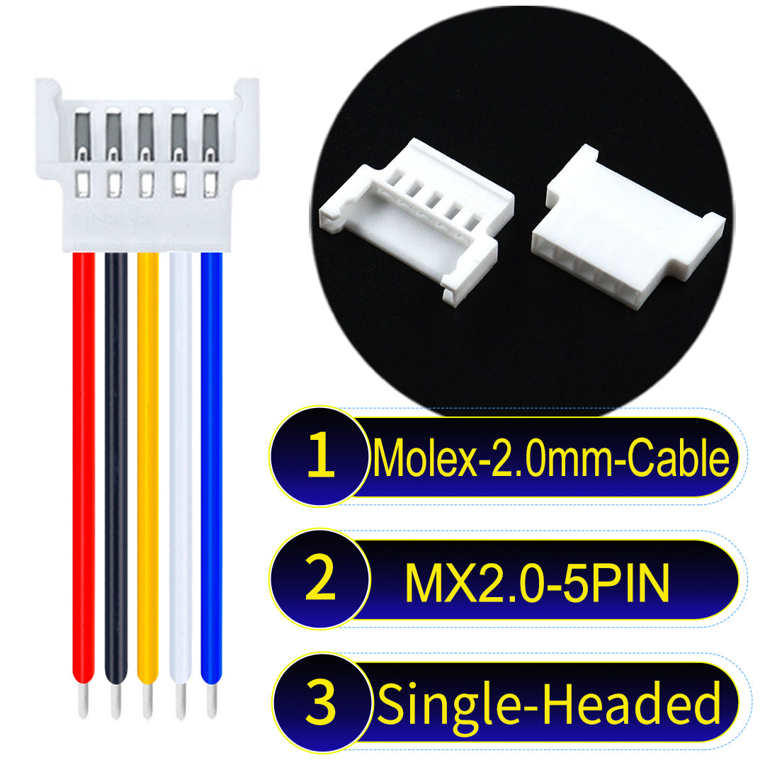 Molex 2.0mm 5Pin Female single-headed cable, 22AWG UL1007 PVC, durable and compatible with various applications.